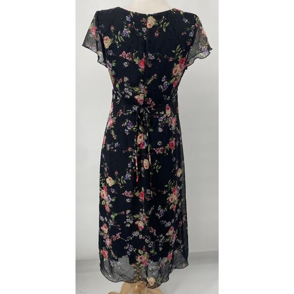 Vintage 90s Floral Print Midi Dress Crepe Empire Tie Waist V Neck Black Pink M - Picture 7 of 9